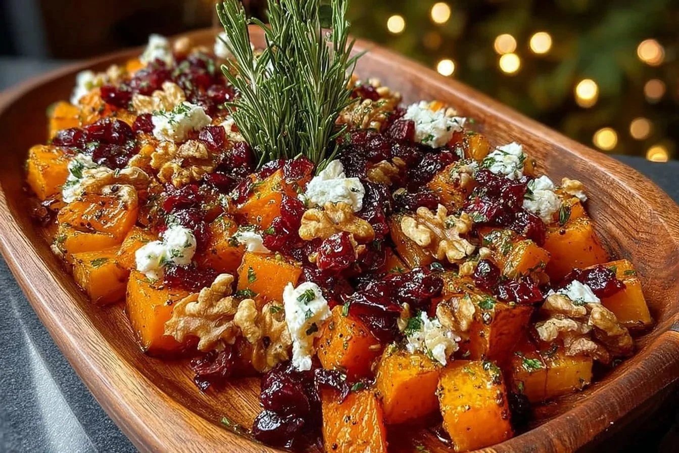 Caramelized butternut squash topped with feta, walnuts, and cranberry-honey glaze.