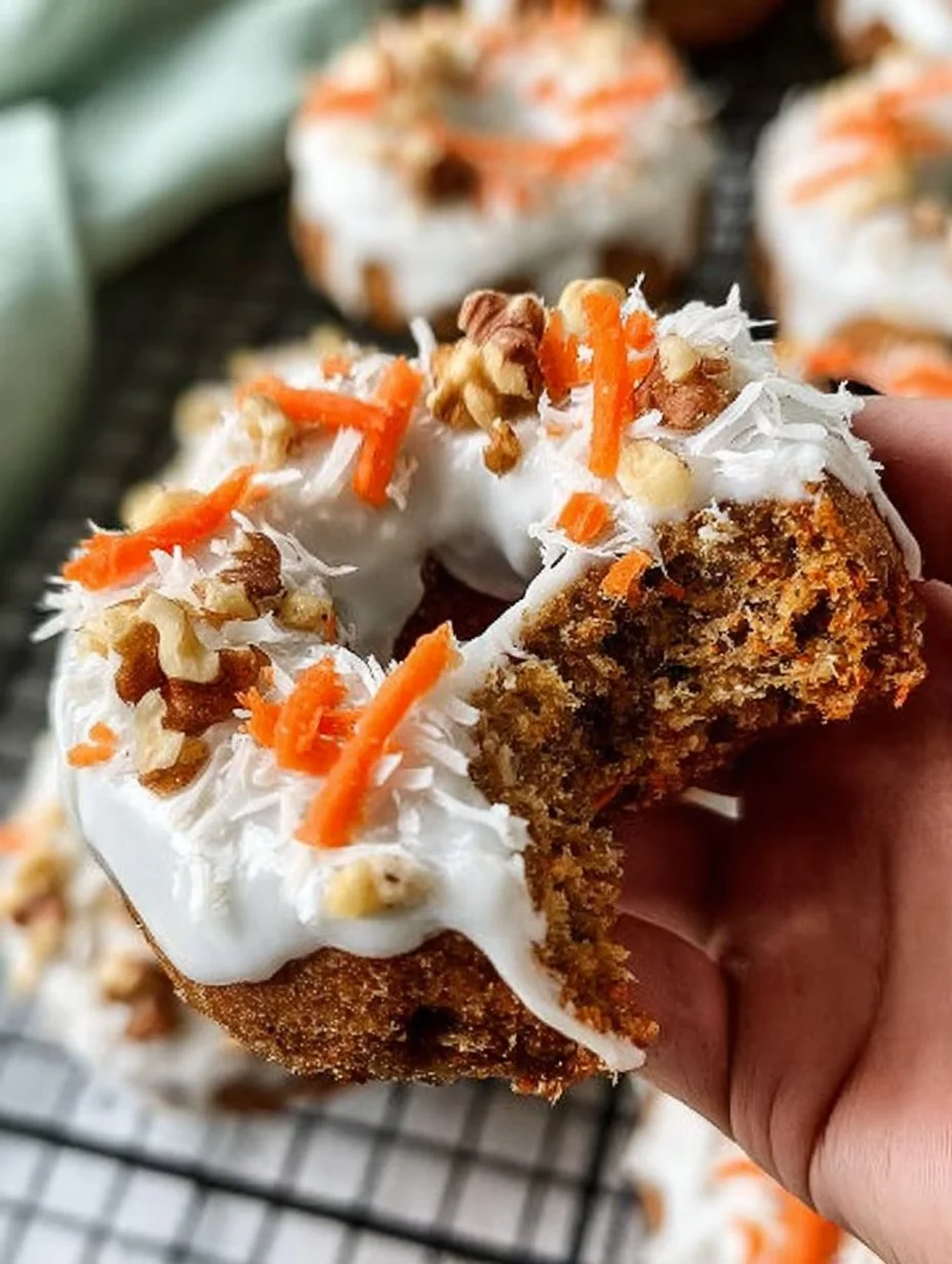 Vegan Carrot Cake Protein Donuts topped with frosting and carrot shavings