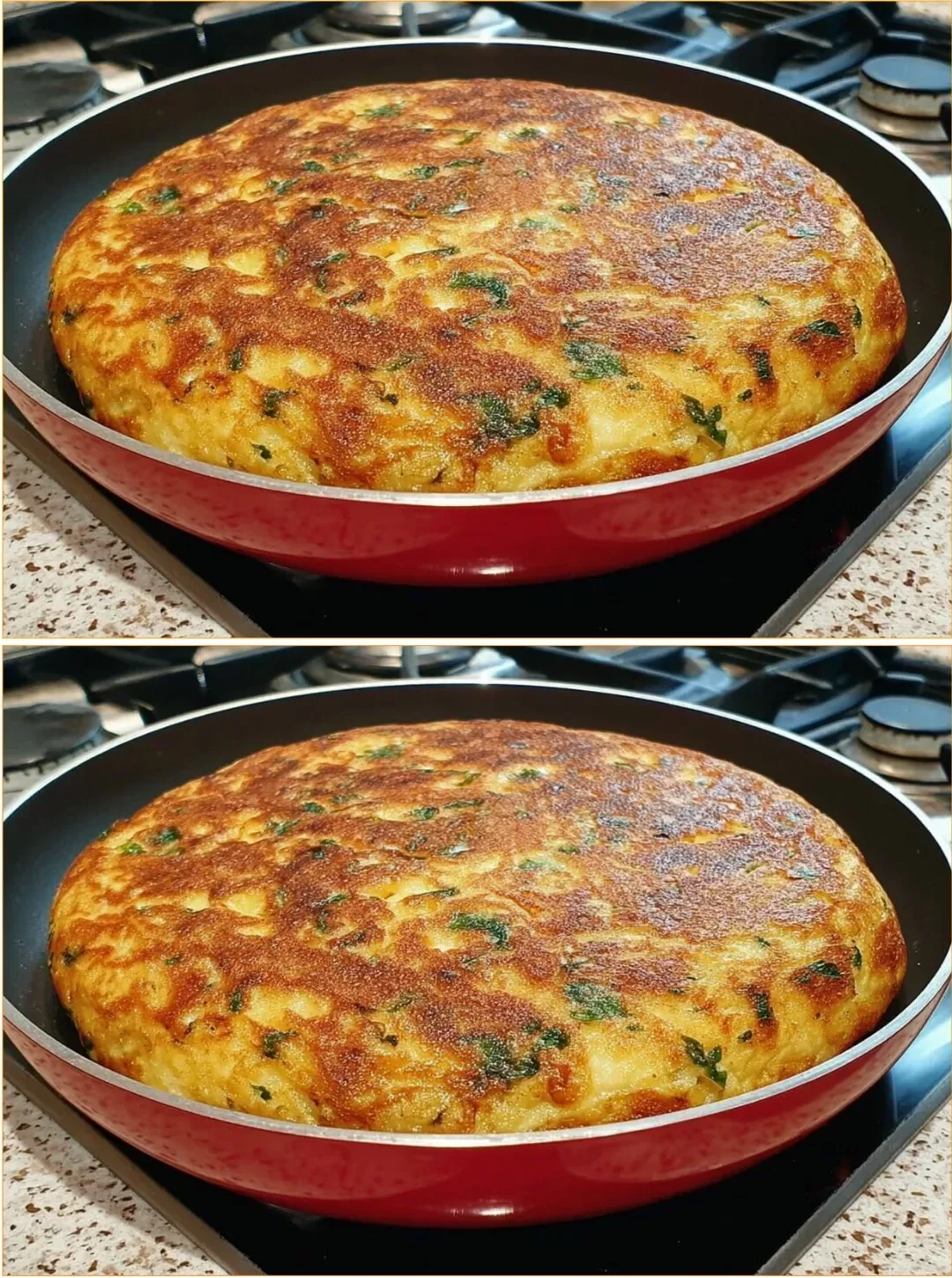 Cheddar potato omelette served on a plate, garnished with herbs.