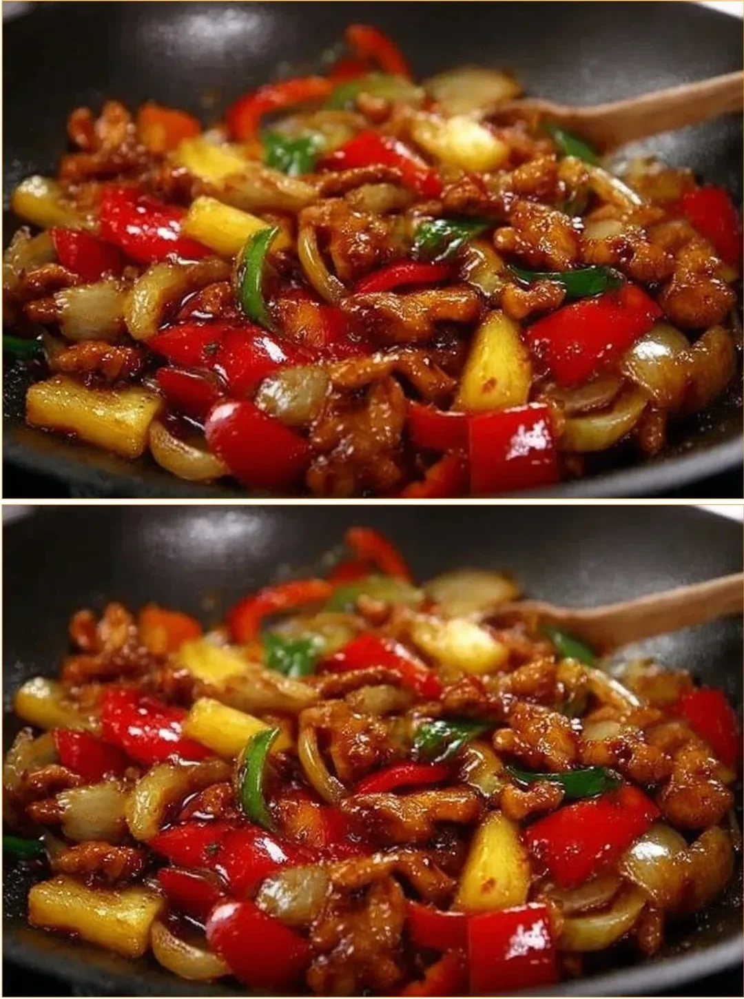 Colorful chicken stir fry with vegetables in a skillet