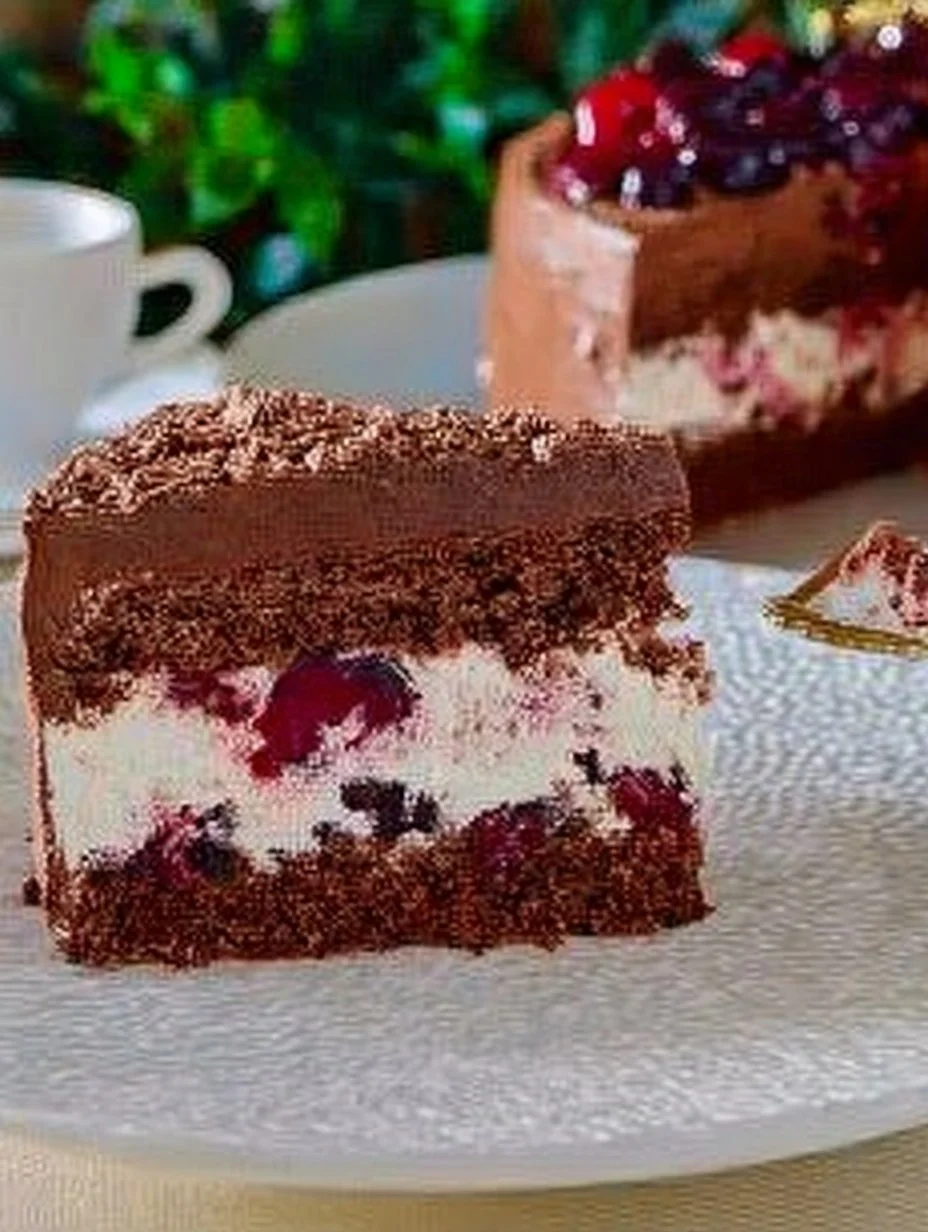 Delicious chocolate cake topped with cherries and sour cream