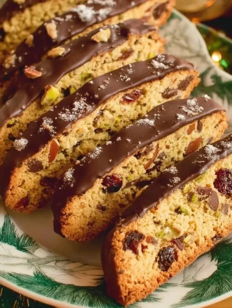 A delicious assortment of Christmas Biscotti with festive decorations.
