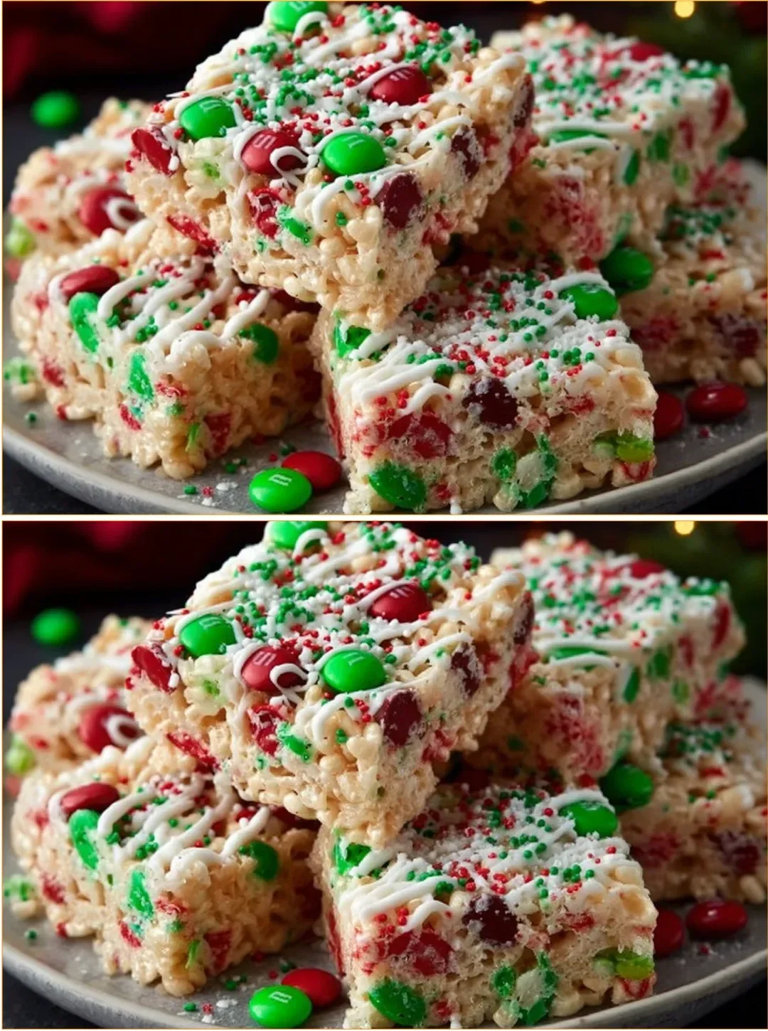 Festive Christmas Rice Krispie Treats topped with holiday sprinkles
