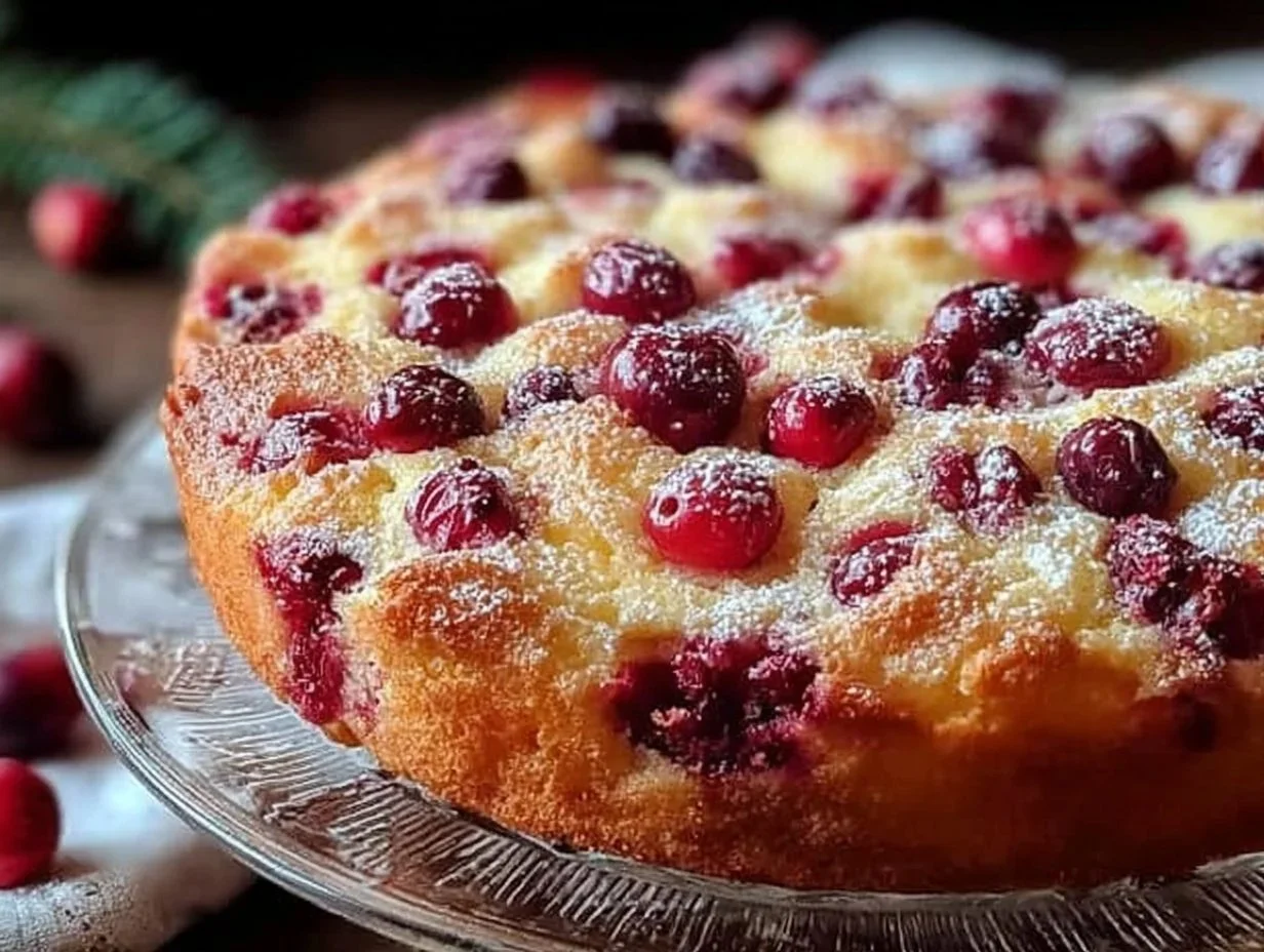 Cranberry Orange Breakfast Cake topped with cranberries and orange zest.