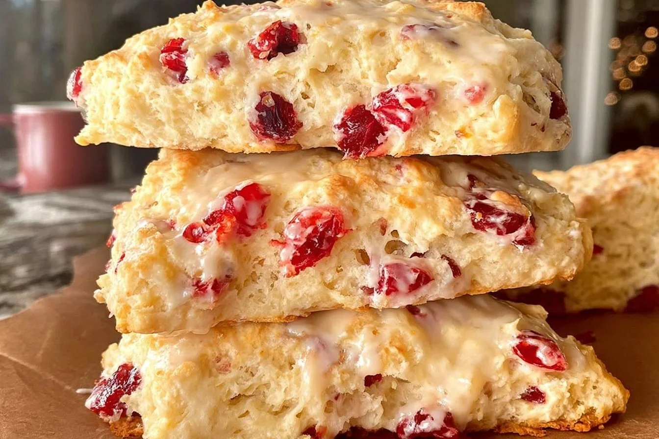 Cranberry orange buttermilk scones on a plate garnished with fresh cranberries