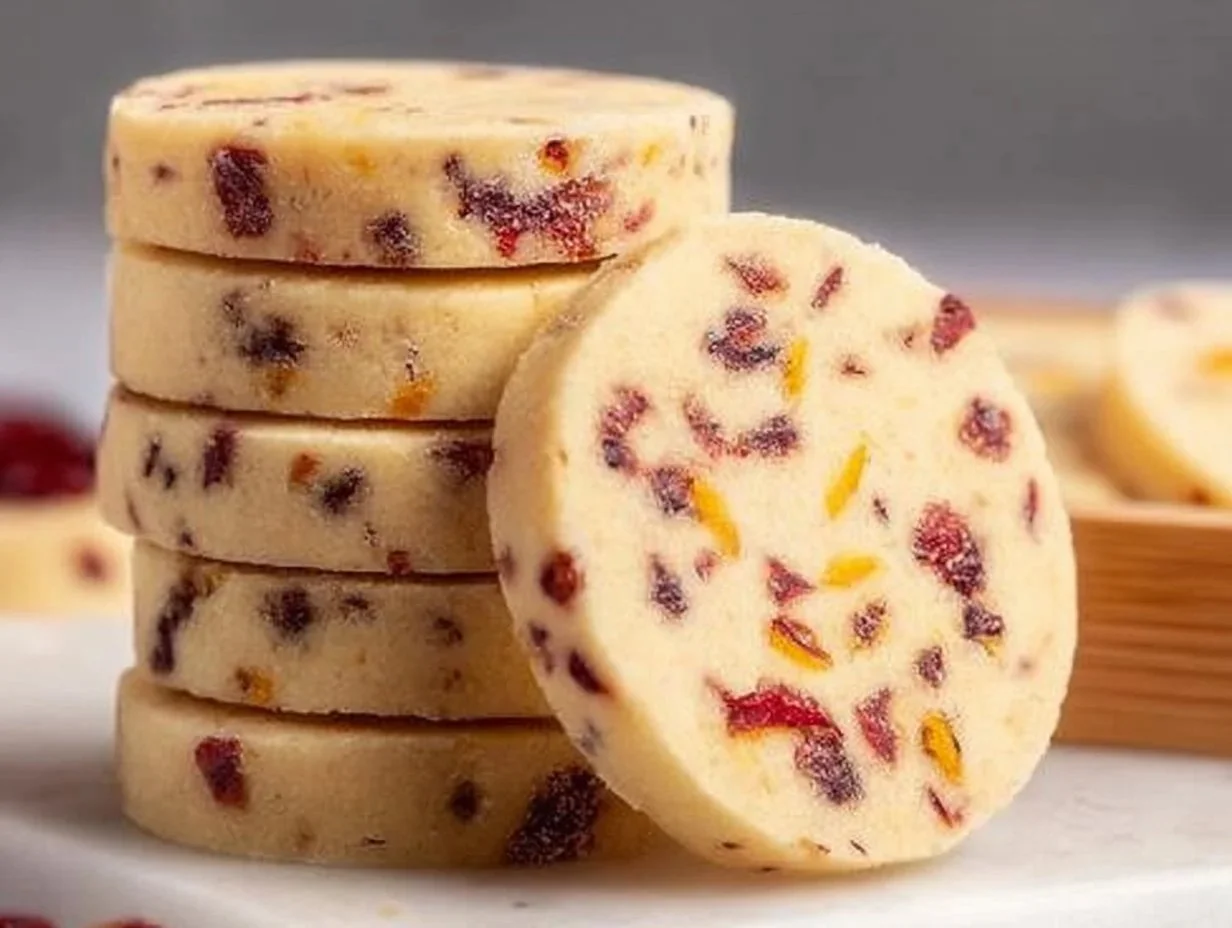 Cranberry orange shortbread cookies on a wooden plate with festive decorations