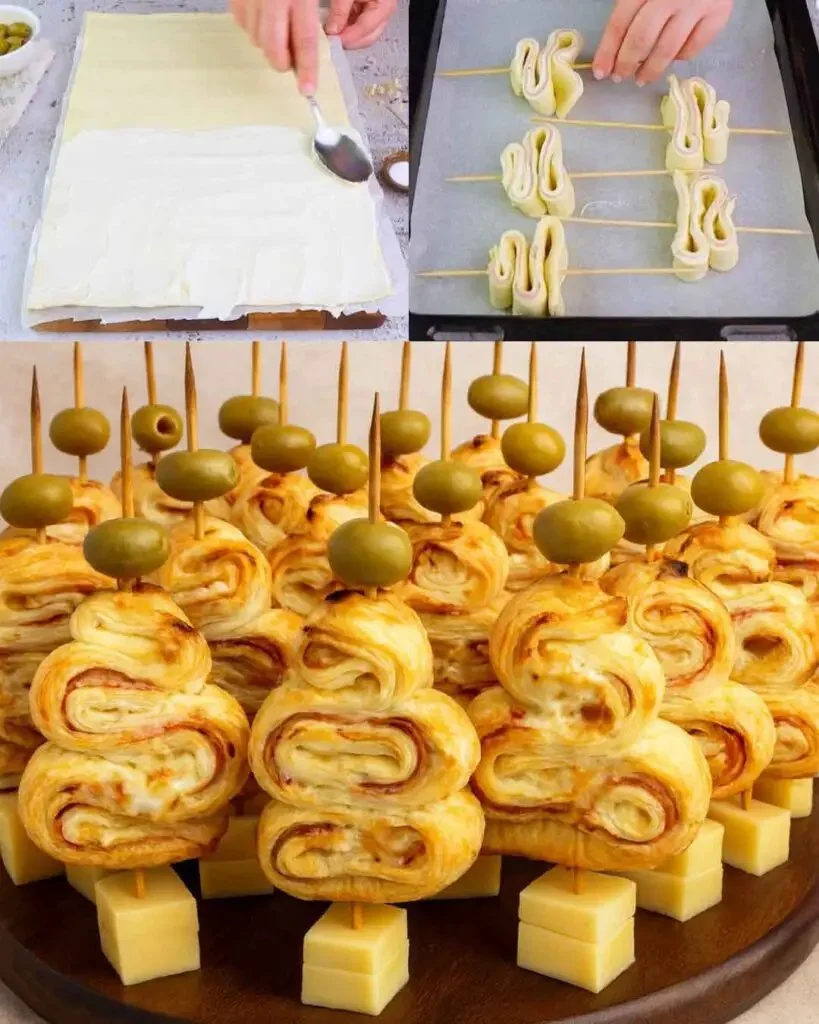 Cream cheese and ham puff pastry Christmas trees served on a festive platter
