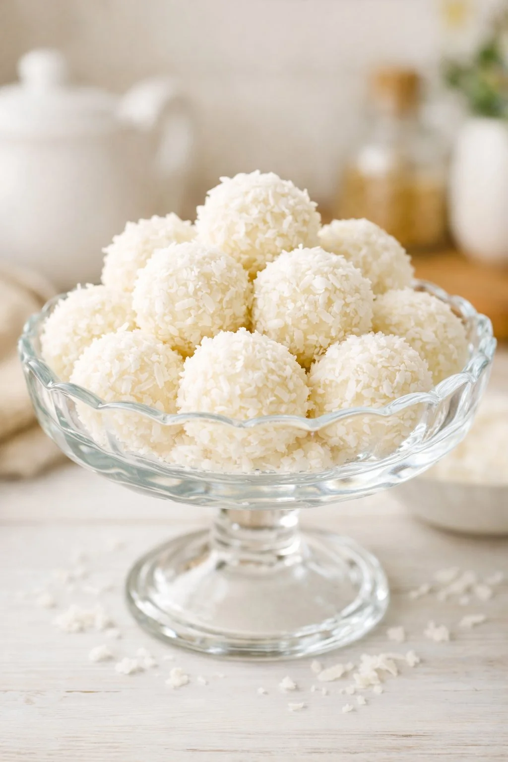 Cream cheese coconut snowballs topped with shredded coconut on a plate.