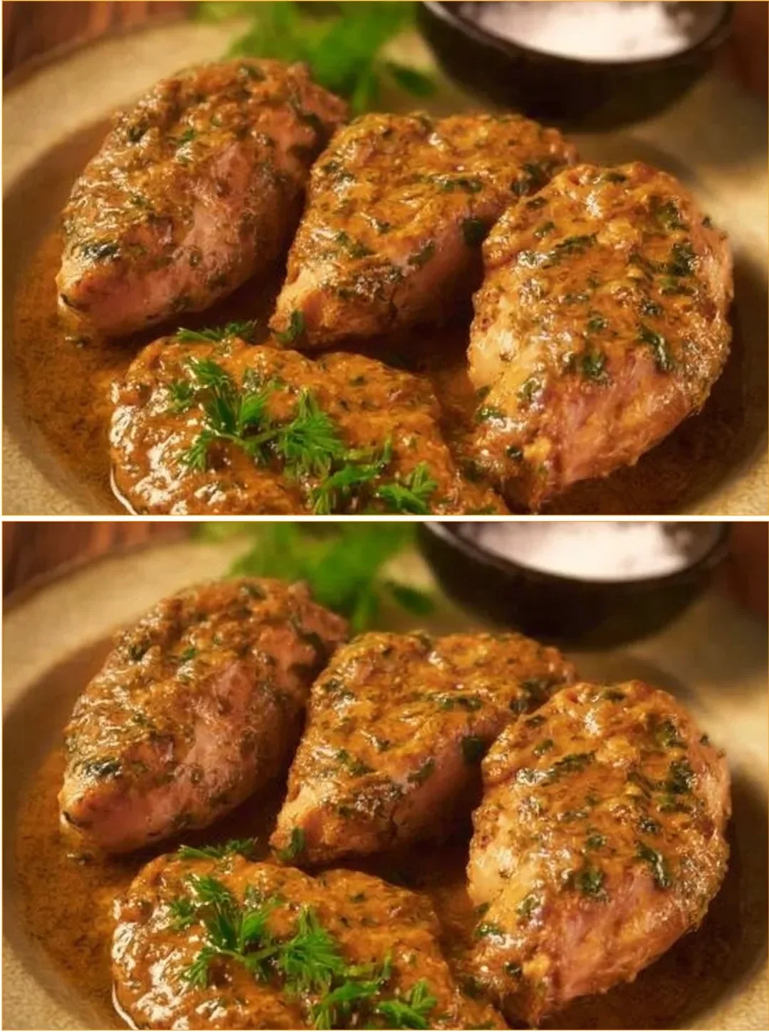 Creamy garlic lemon chicken dish garnished with fresh herbs
