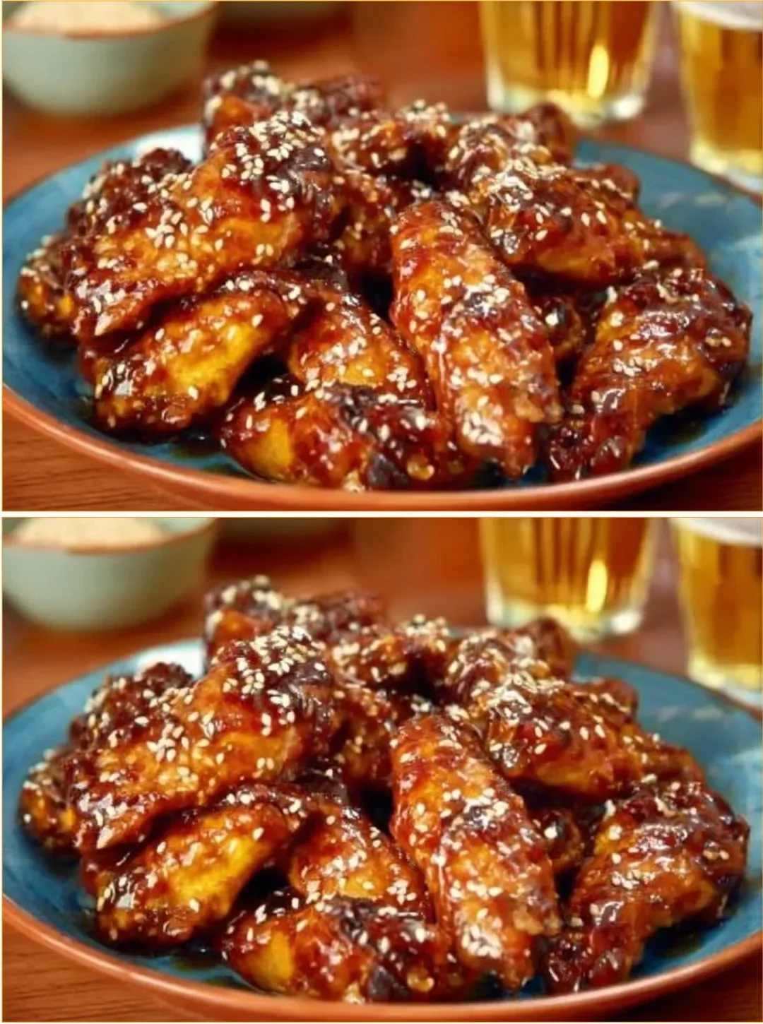 Crispy baked orange chicken wings garnished with sesame seeds and green onions
