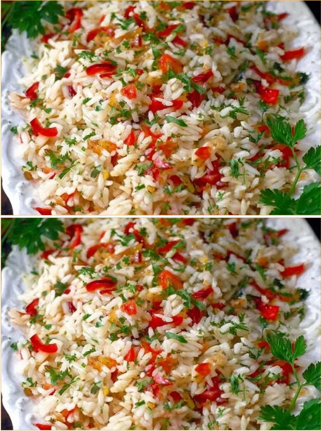 Dish of easy holiday rice garnished for festive celebrations