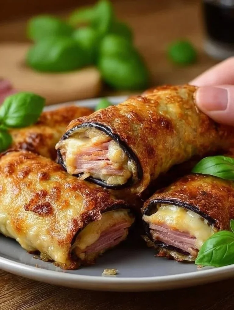 Eggplant rolls filled with ham and cheese on a plate