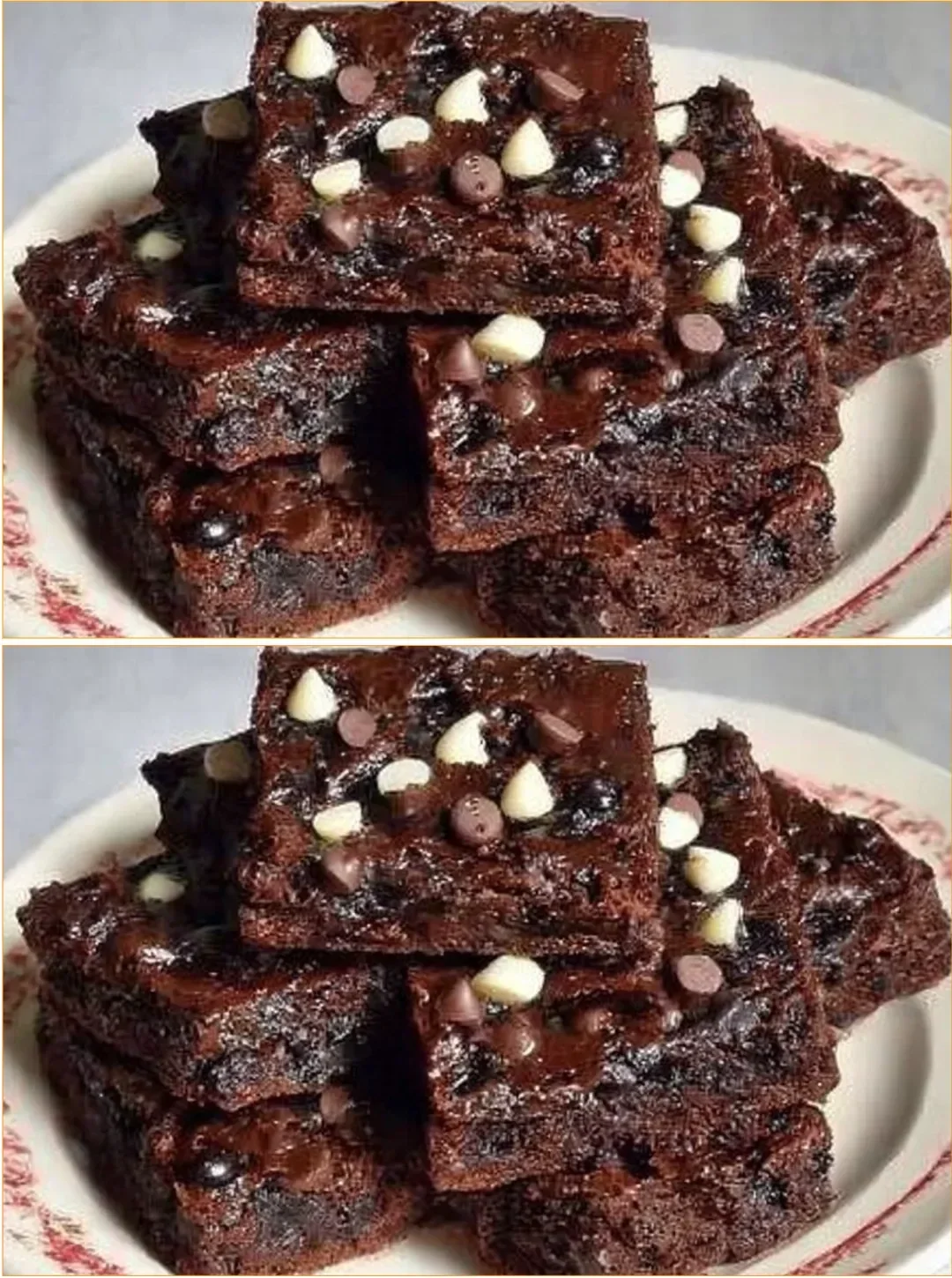 Delicious flourless banana brownies served on a plate, topped with chocolate drizzle