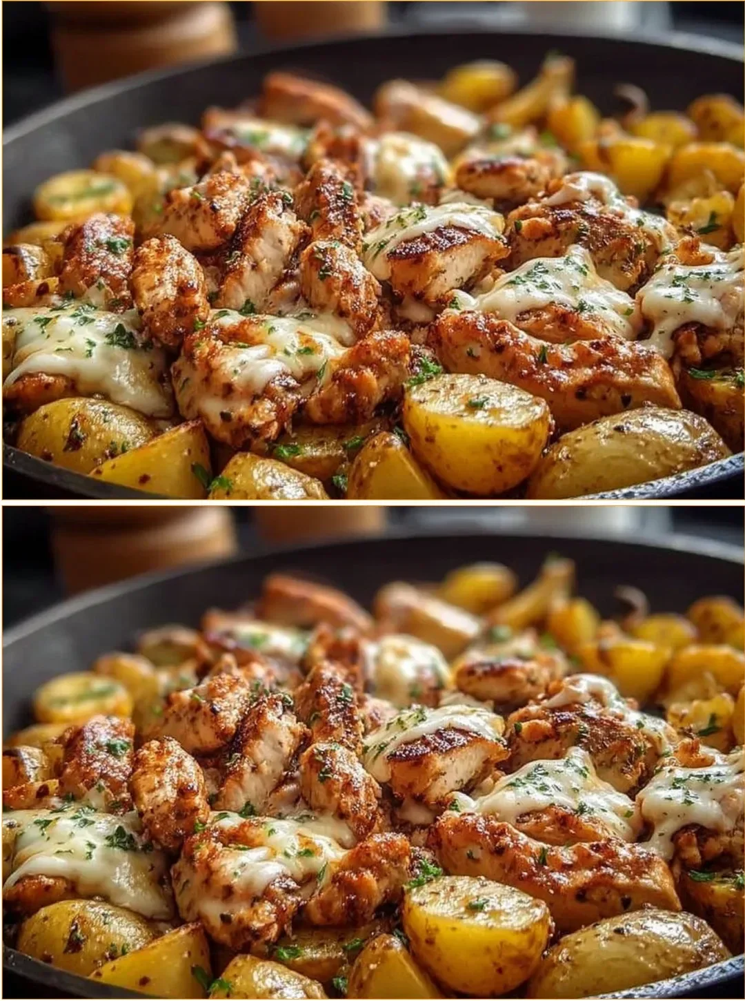 Garlic Parmesan Chicken with crispy potatoes garnished with parsley