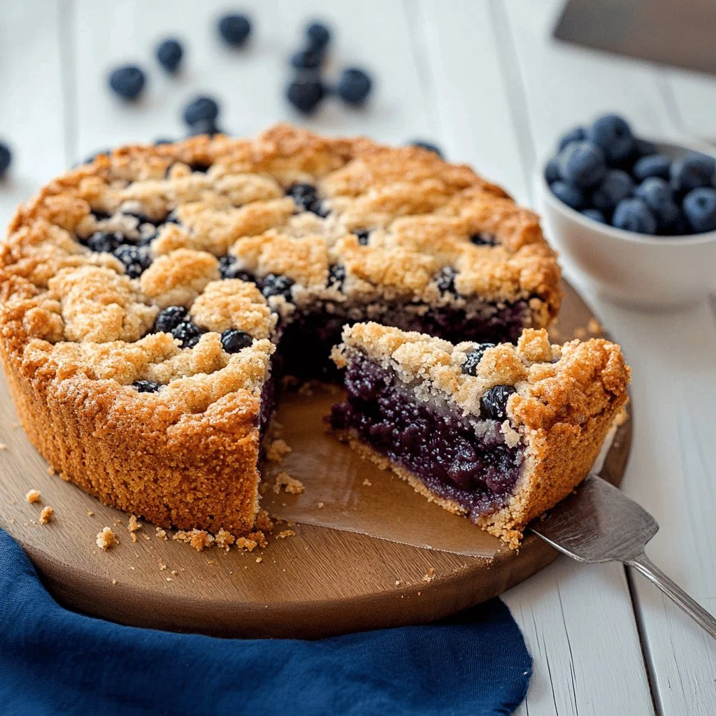 Slice of German Blueberry Cake with fresh blueberries on top