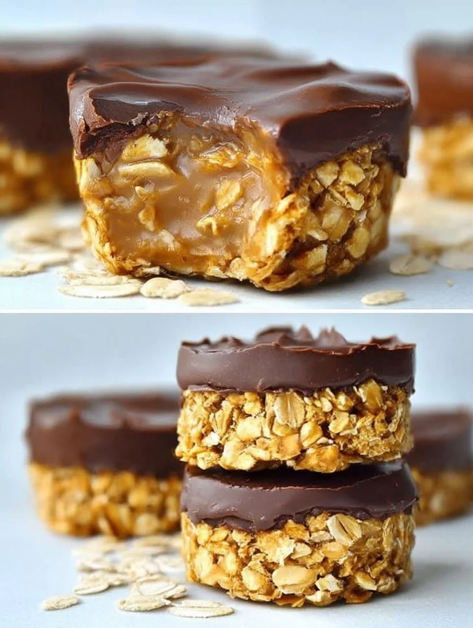Delicious granola cups with peanut butter filling and chocolate topping