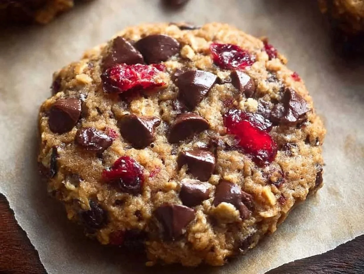 Healthy dark chocolate cranberry oatmeal cookies on a plate