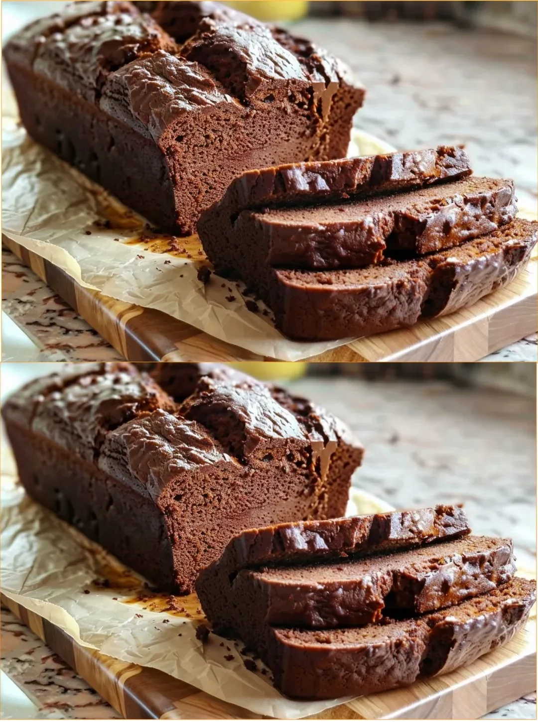 Slice of high-protein banana bread on a wooden cutting board