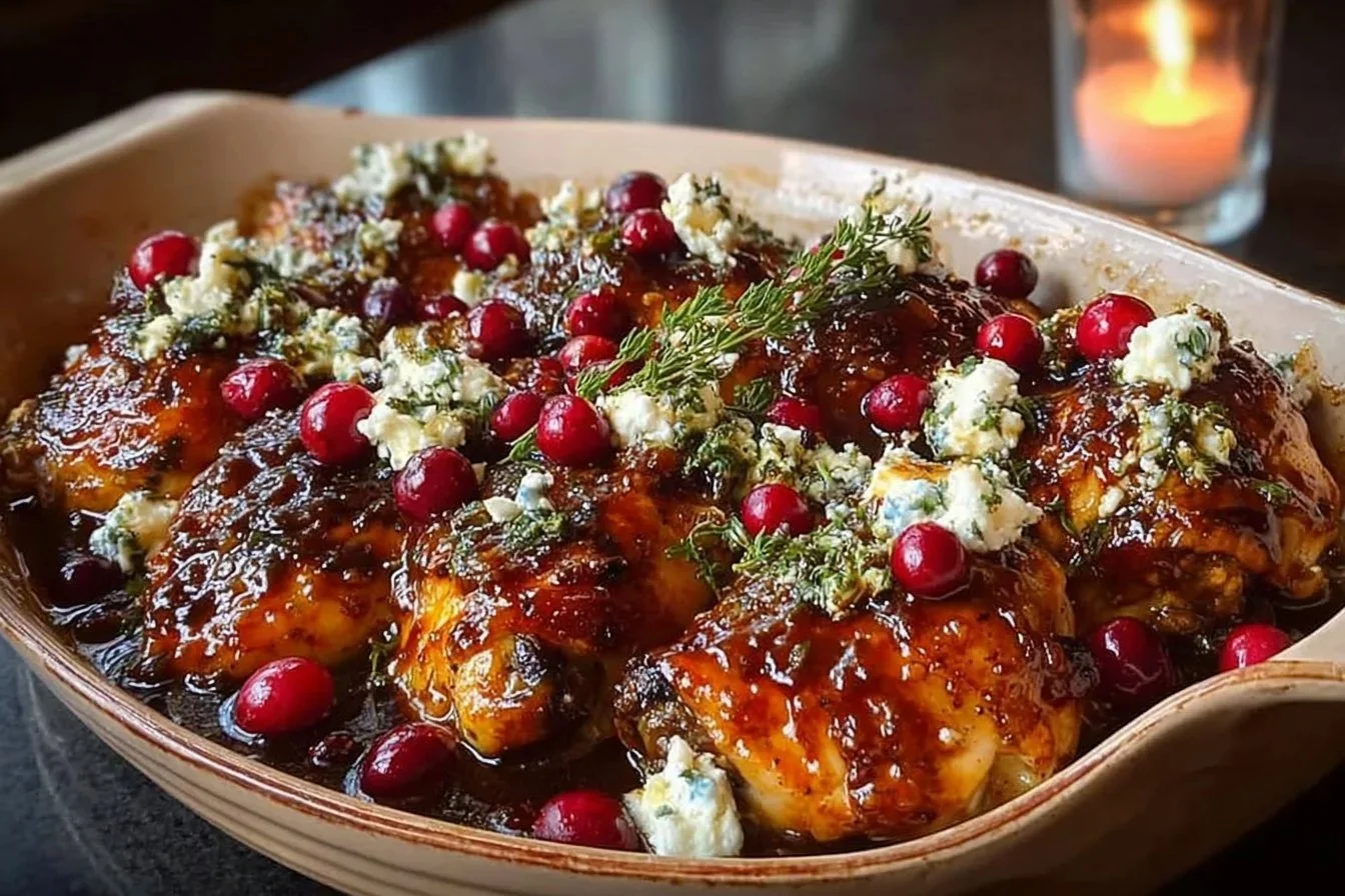 Honey Cranberry Chicken Bake topped with Feta Cheese, a delicious and healthy recipe