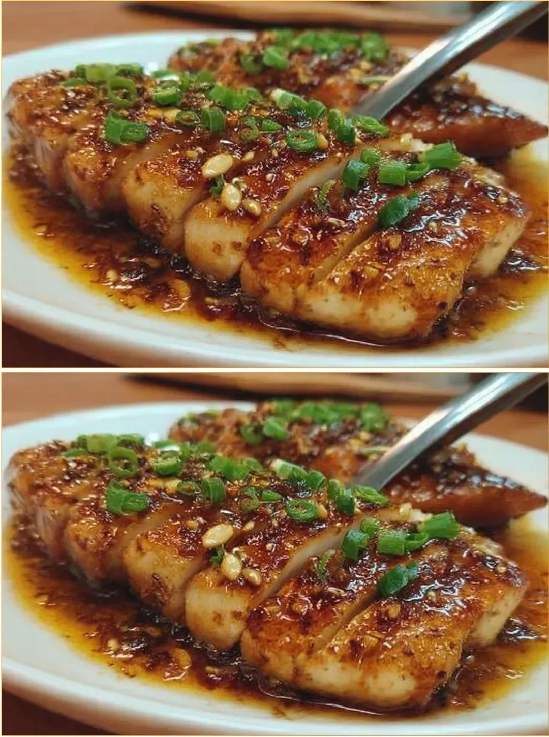 Plate of Honey Garlic Chicken garnished with sesame seeds and green onions