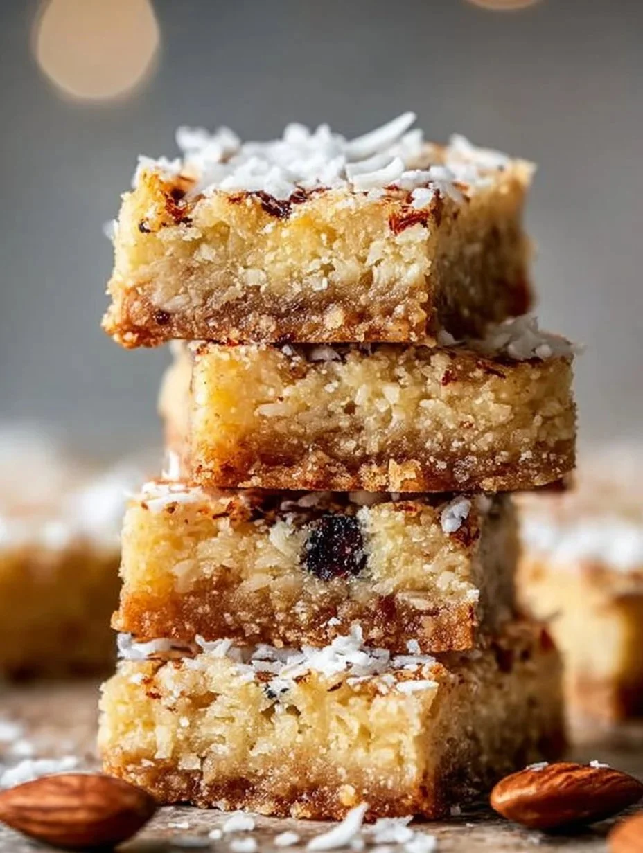 Chewy coconut bars topped with toasted coconut flakes on a wooden plate.