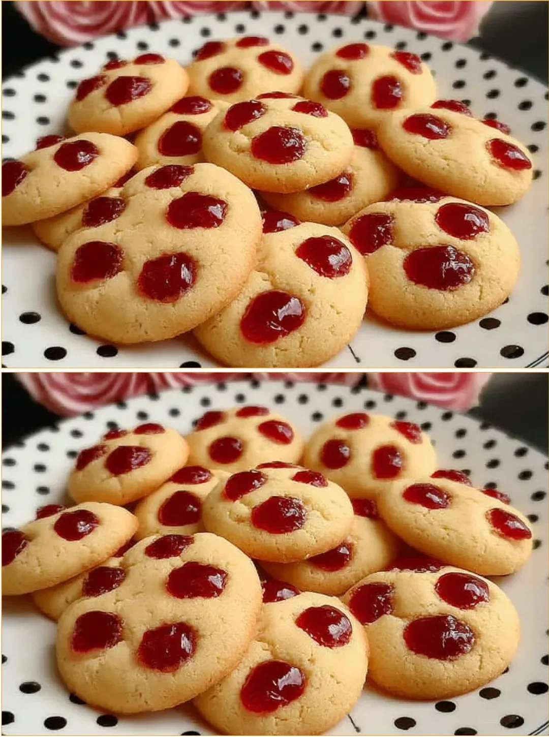 Freshly baked jam-filled cookies with vibrant fruit jam centers