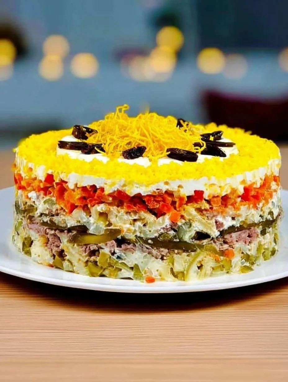 Layered salad with sprats, showcasing vibrant vegetables and flavors.