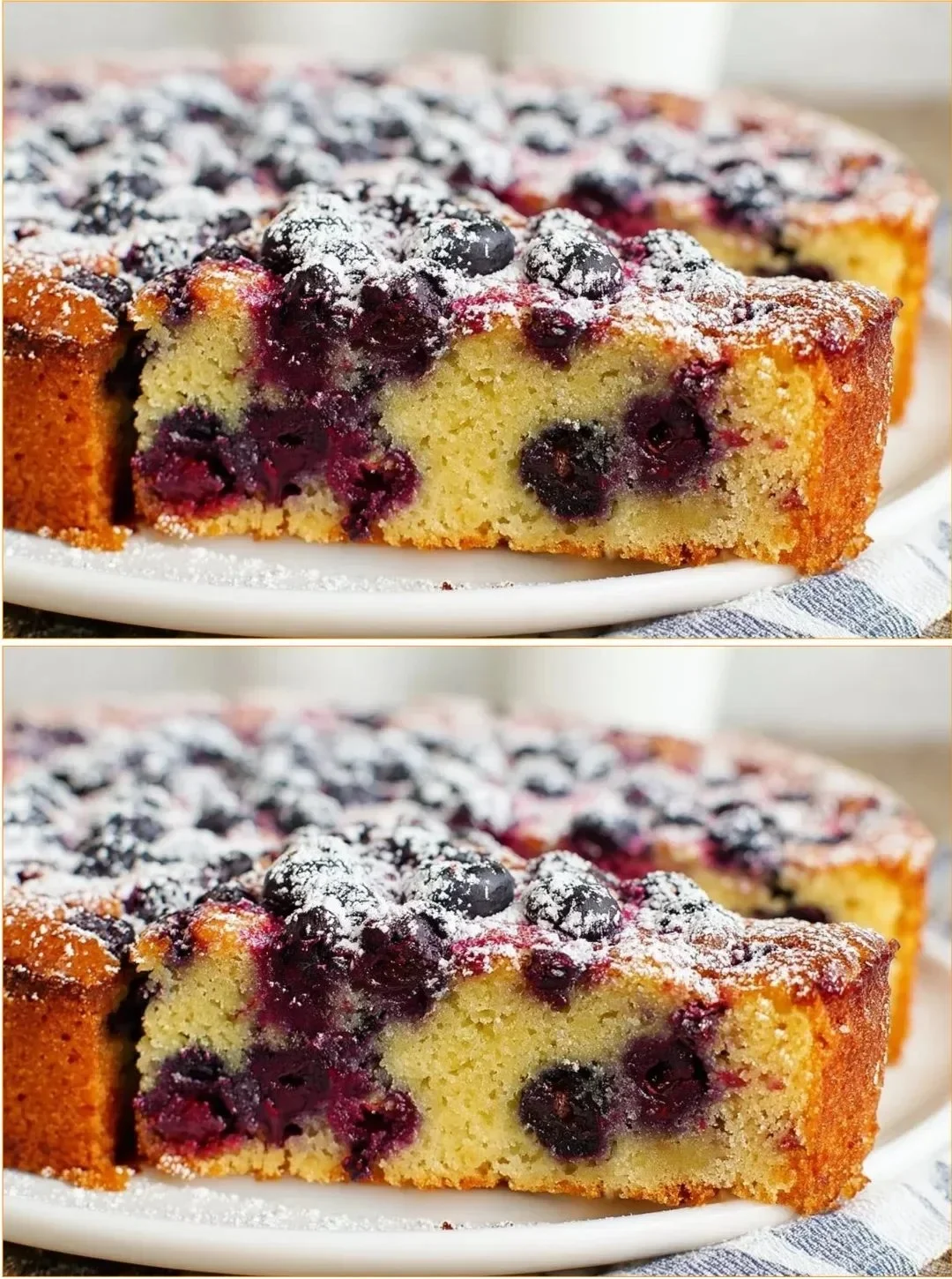 Delicious lemon blueberry upside down cake served on a white plate with fresh blueberries.