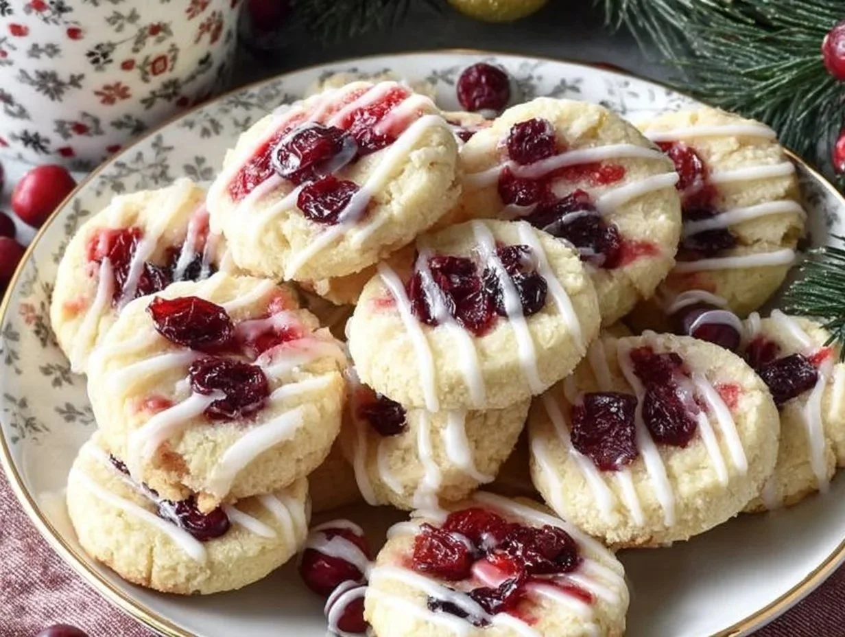 Fresh Lemon Cranberry Cookies stacked on a plate with a lemon slice