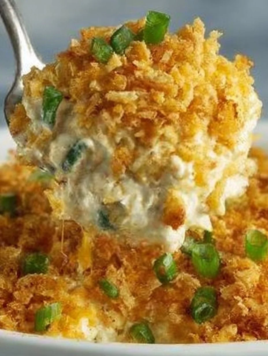 Delicious Million Dollar Chicken Casserole with creamy topping and crispy edges