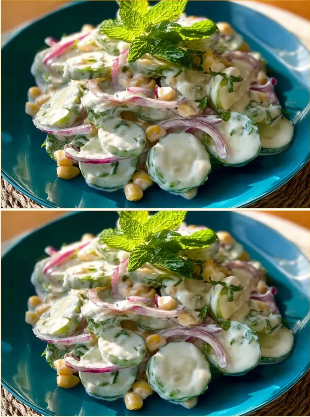 A refreshing yogurt cucumber salad served in a bowl with fresh herbs.