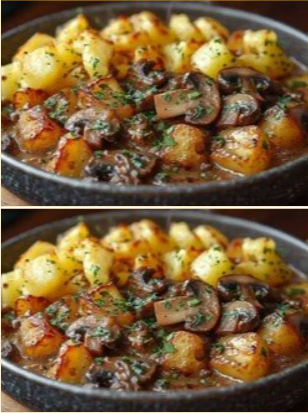 Mushroom ragout served with crispy potatoes on a white plate.