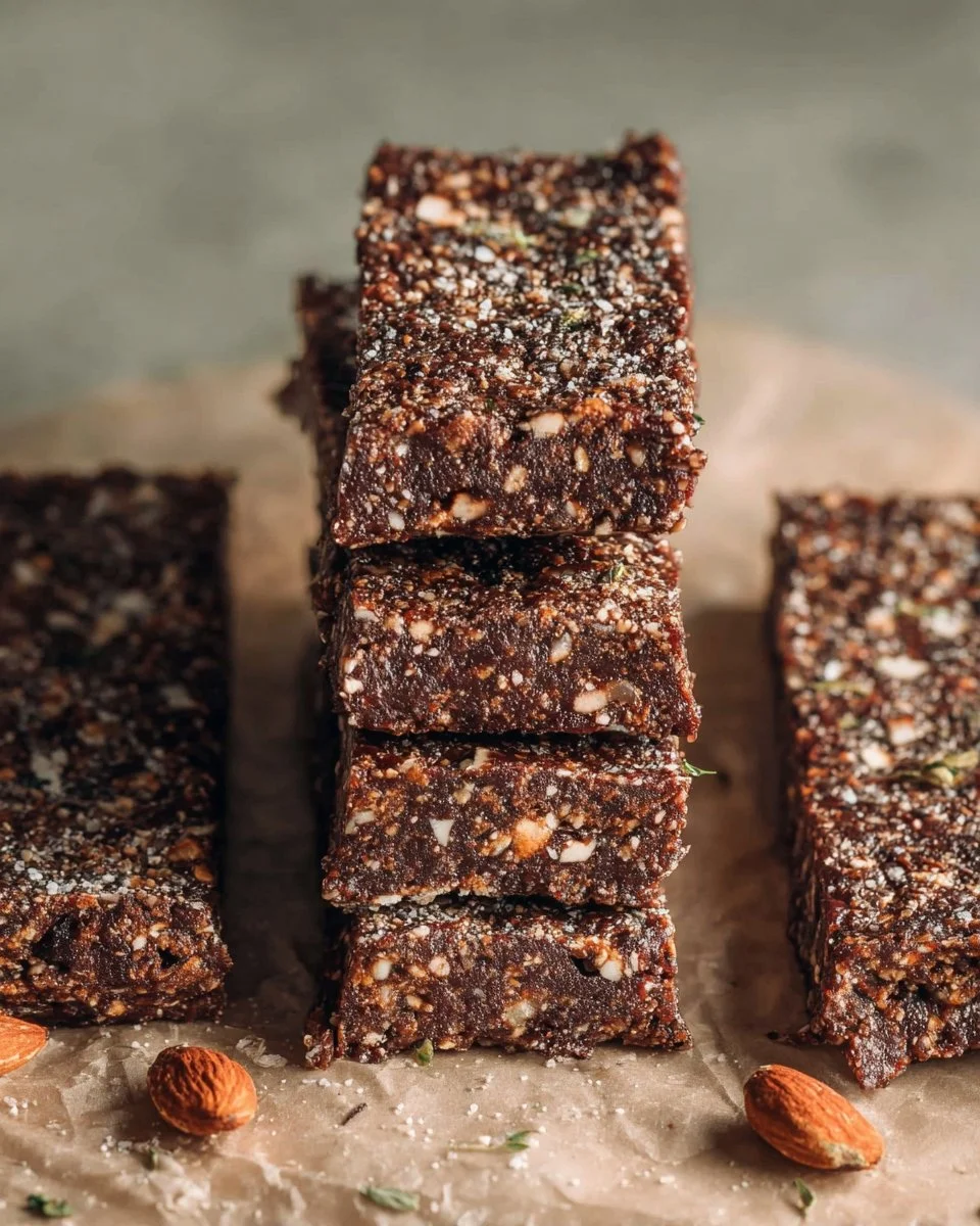 No-bake chocolate chia energy bars stacked on a plate.