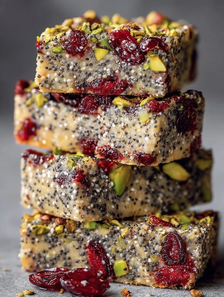 No-bake pistachio cranberry chia bars topped with nuts and dried fruit
