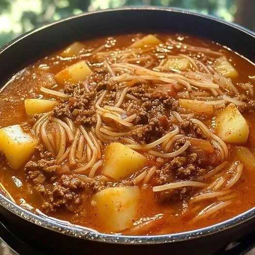 Delicious noodles with potatoes and ground beef in a bowl