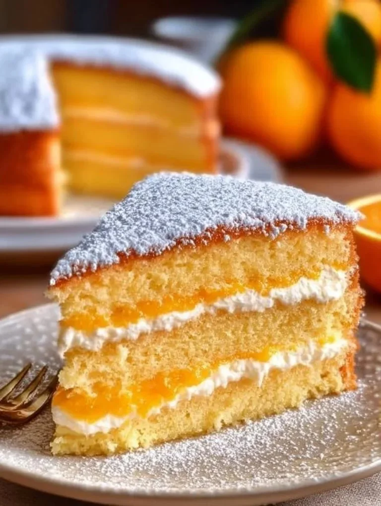 Slice of orange pour over cake with fresh orange slices on top