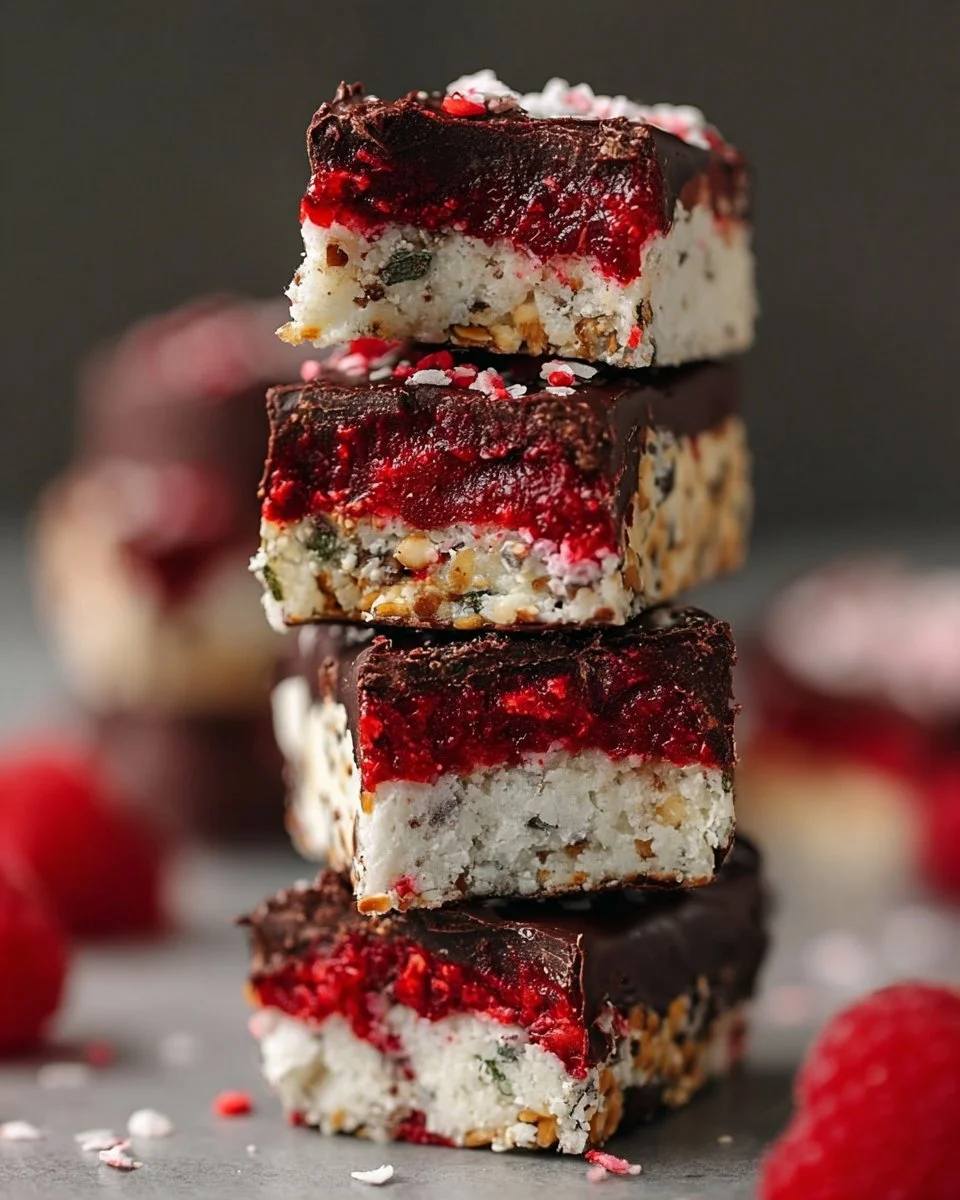 Homemade Raspberry Chia Bounty Bars on a plate with fresh raspberries