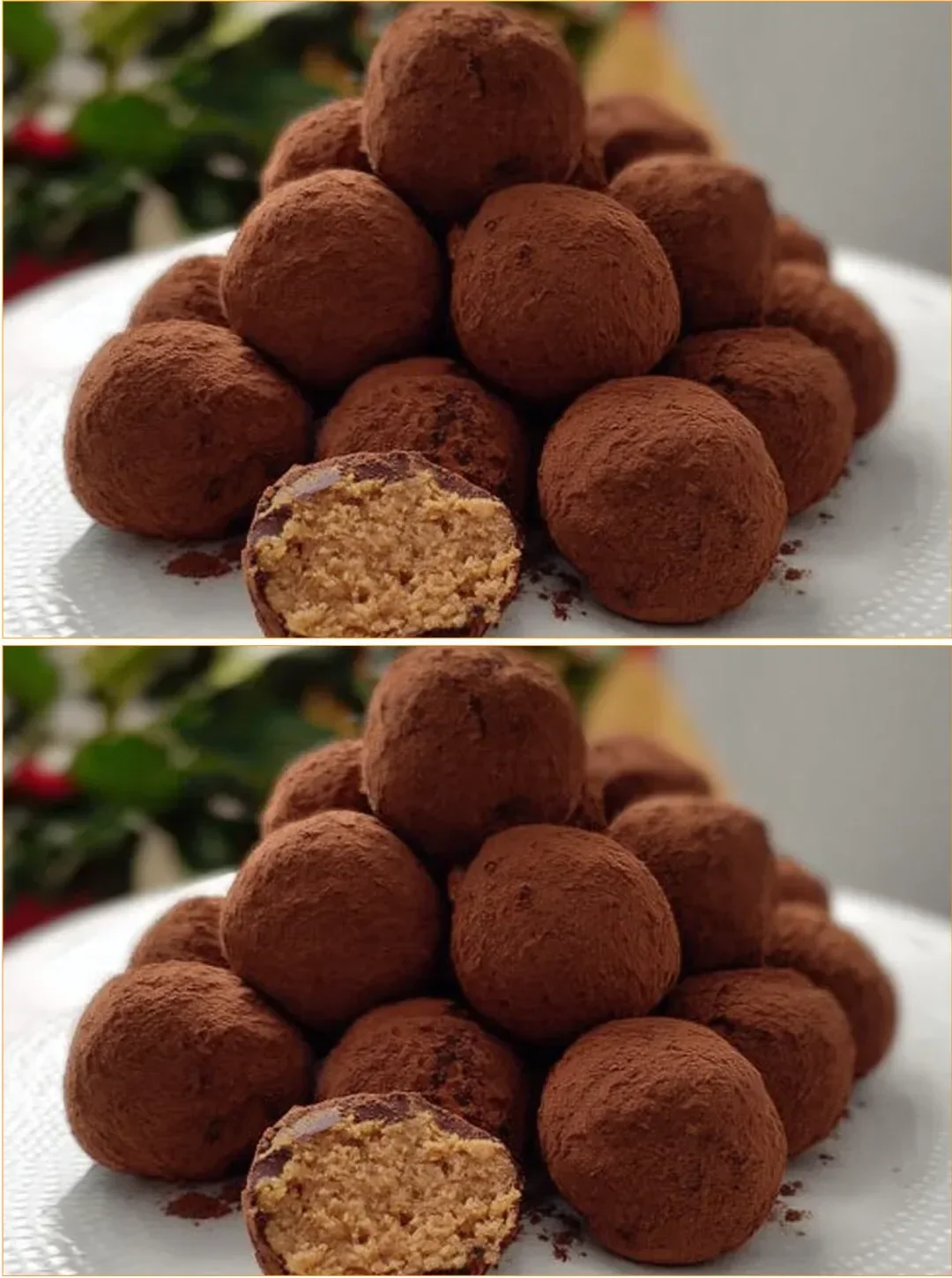 Unbaked tiramisu balls dessert on a plate, garnished with cocoa powder.