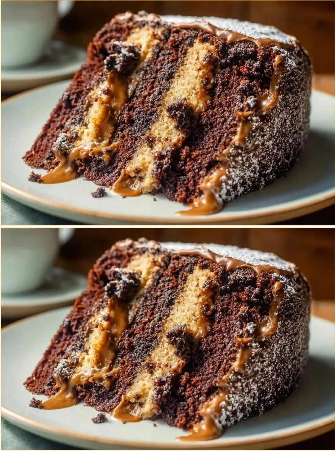 Vegan Chocolate Caramel Cake topped with luscious caramel drizzle and chocolate shavings.