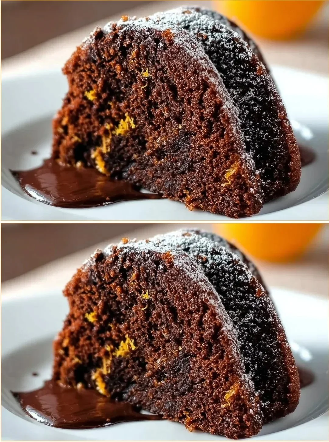 Vegan Chocolate Orange Bundt Cake garnished with orange slices and chocolate glaze