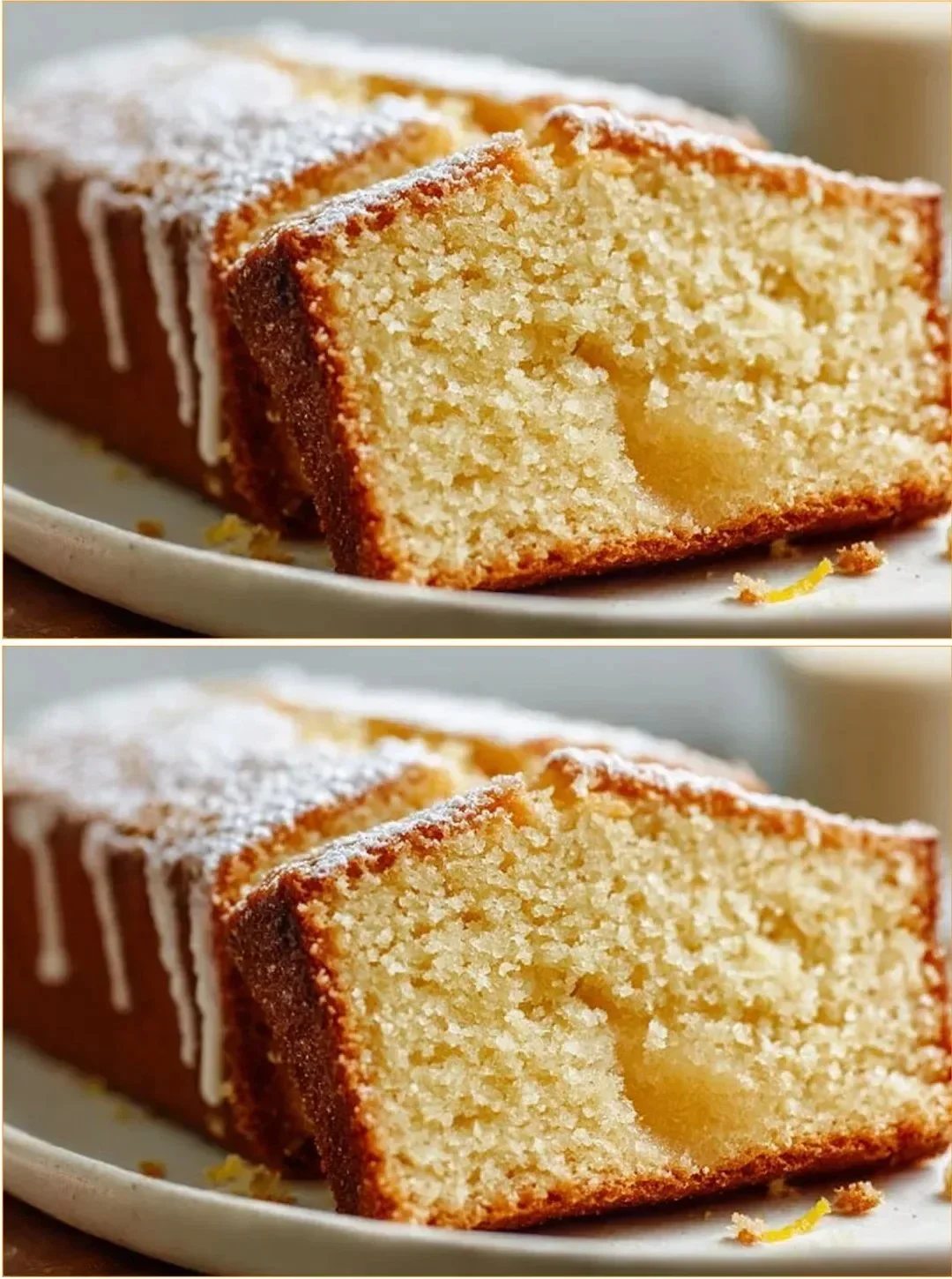 A delicious slice of Vegan Lemon Pound Cake topped with lemon zest.