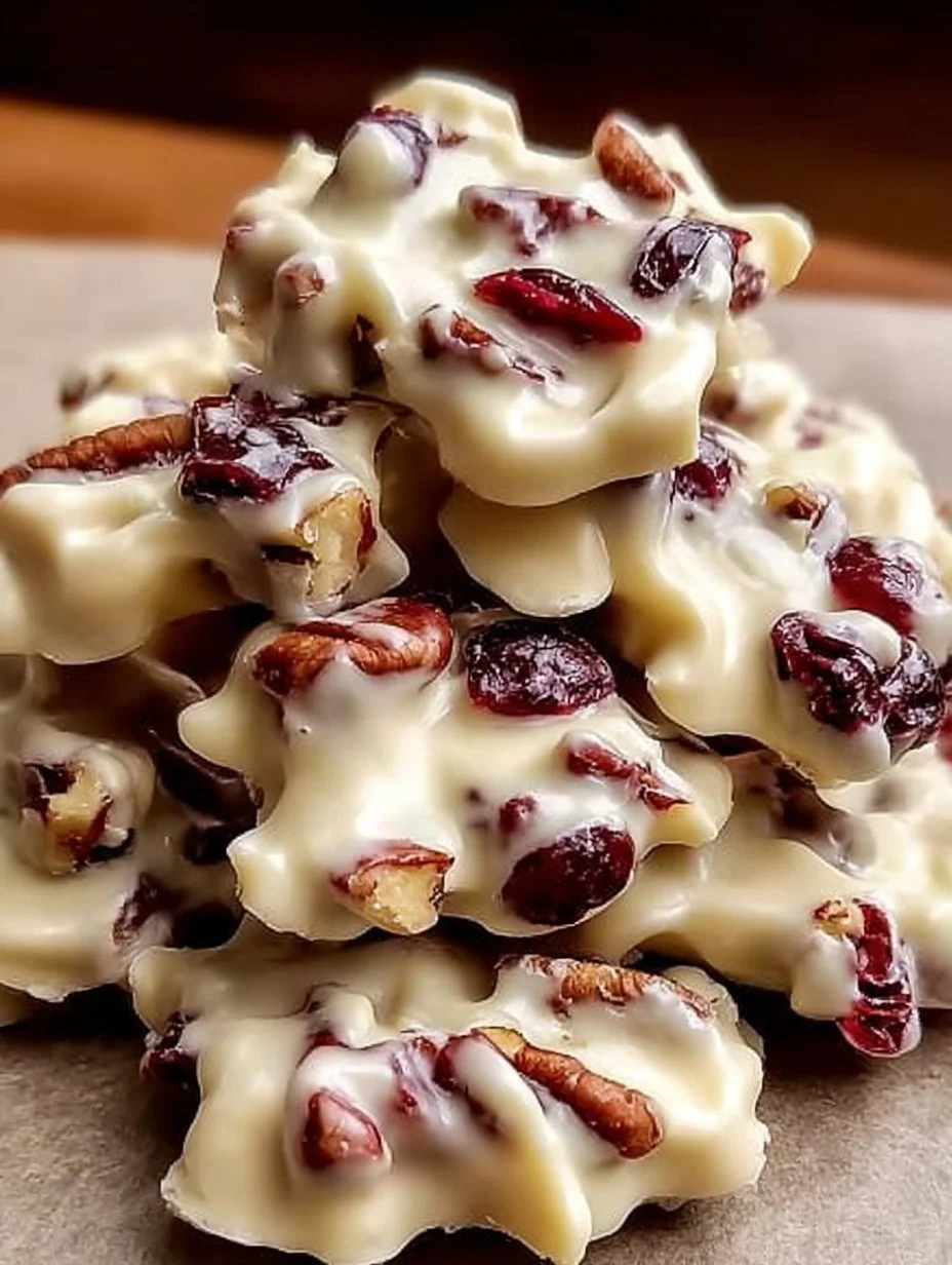 Delicious white chocolate cranberry pecan clusters arranged on a plate.