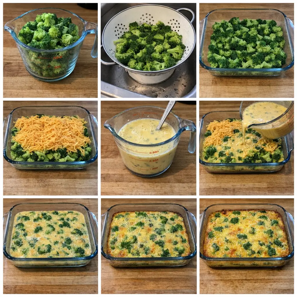 A realistic 9-panel step-by-step food collage showing the process of making broccoli cheese breakfast casserole in a home kitchen. Each panel photographed from a home cook perspective, slightly overhead or eye-level. Panels include: - Fresh chopped broccoli florets in a clear glass measuring cup - Steamed broccoli drained in a white colander - Broccoli spread evenly in a rectangular glass baking dish - Broccoli topped with shredded cheddar cheese - Beaten eggs and milk mixture in a clear glass measuring cup with spoon - Egg mixture poured over broccoli and cheese - Unbaked casserole in glass dish, slightly uneven surface - Partially baked casserole, lightly set with golden edges - Fully baked broccoli cheese casserole, golden yellow with green broccoli visible, slightly puffed, rustic and imperfect Environment & style: Natural kitchen lighting, soft window light, home kitchen counter, wooden table or light wood surface. Amateur iPhone photography look, casual food styling, slightly messy, lived-in kitchen feel. No studio lighting. Realistic colors, mild shadows, shallow depth of field. Everyday family meal preparation. Details: Clear glass baking dish, well-used cookware, visible textures of melted cheese and eggs, slightly imperfect plating, candid snapshot style. No props staged, authentic home cooking atmosphere. Camera: iPhone photo, natural color balance, no filters, mild grain, realistic exposure. Mood: Warm, comforting, simple home breakfast casserole, practical and approachable.