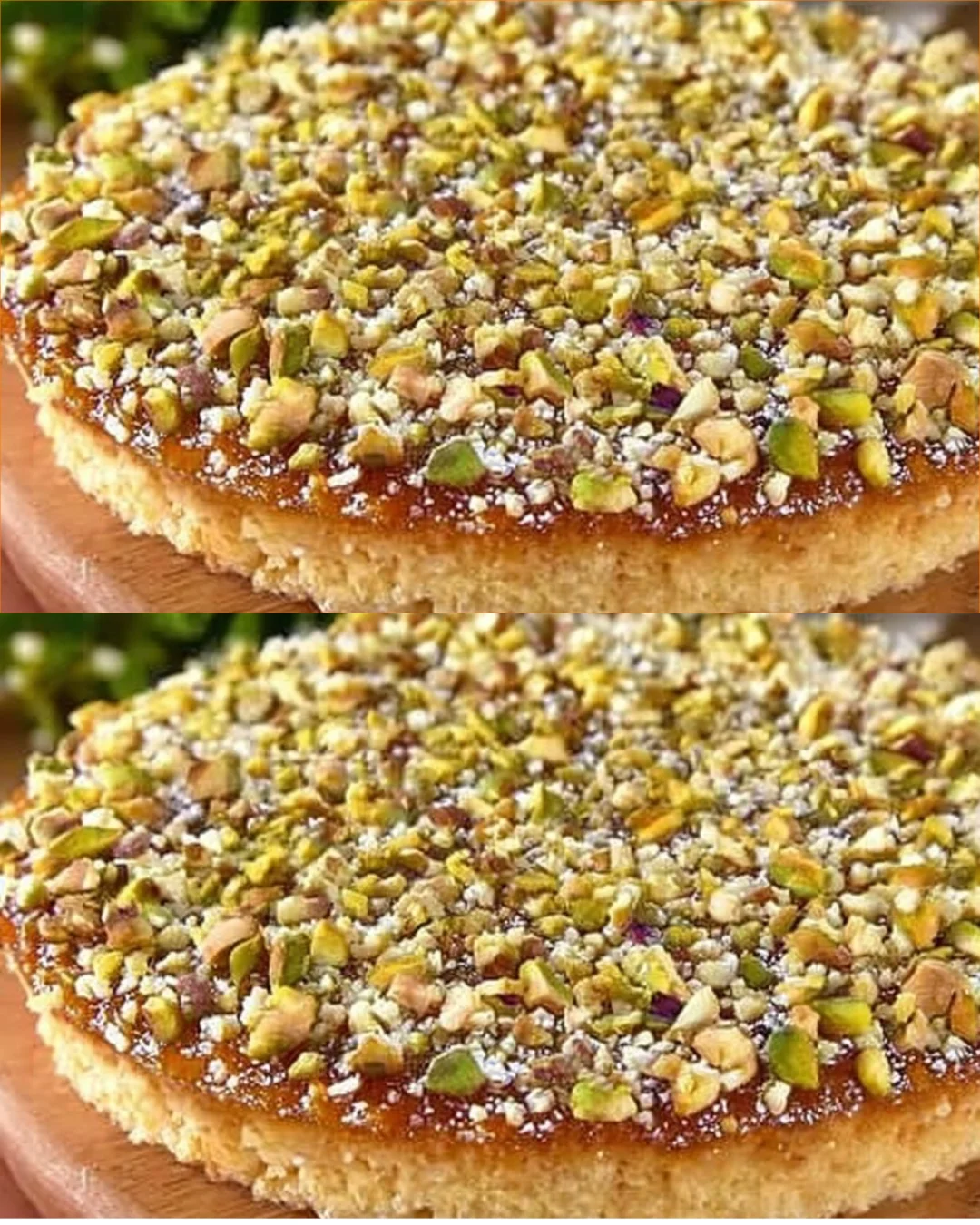 Almond and Pistachio Cake topped with nuts on a wooden table