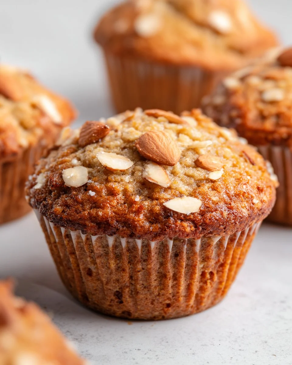 Freshly baked Almond Banana Muffins on a wooden table