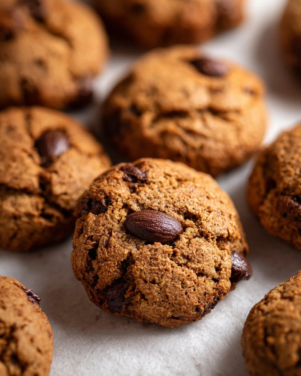 Batch of almond butter chocolate cookies on a baking sheet