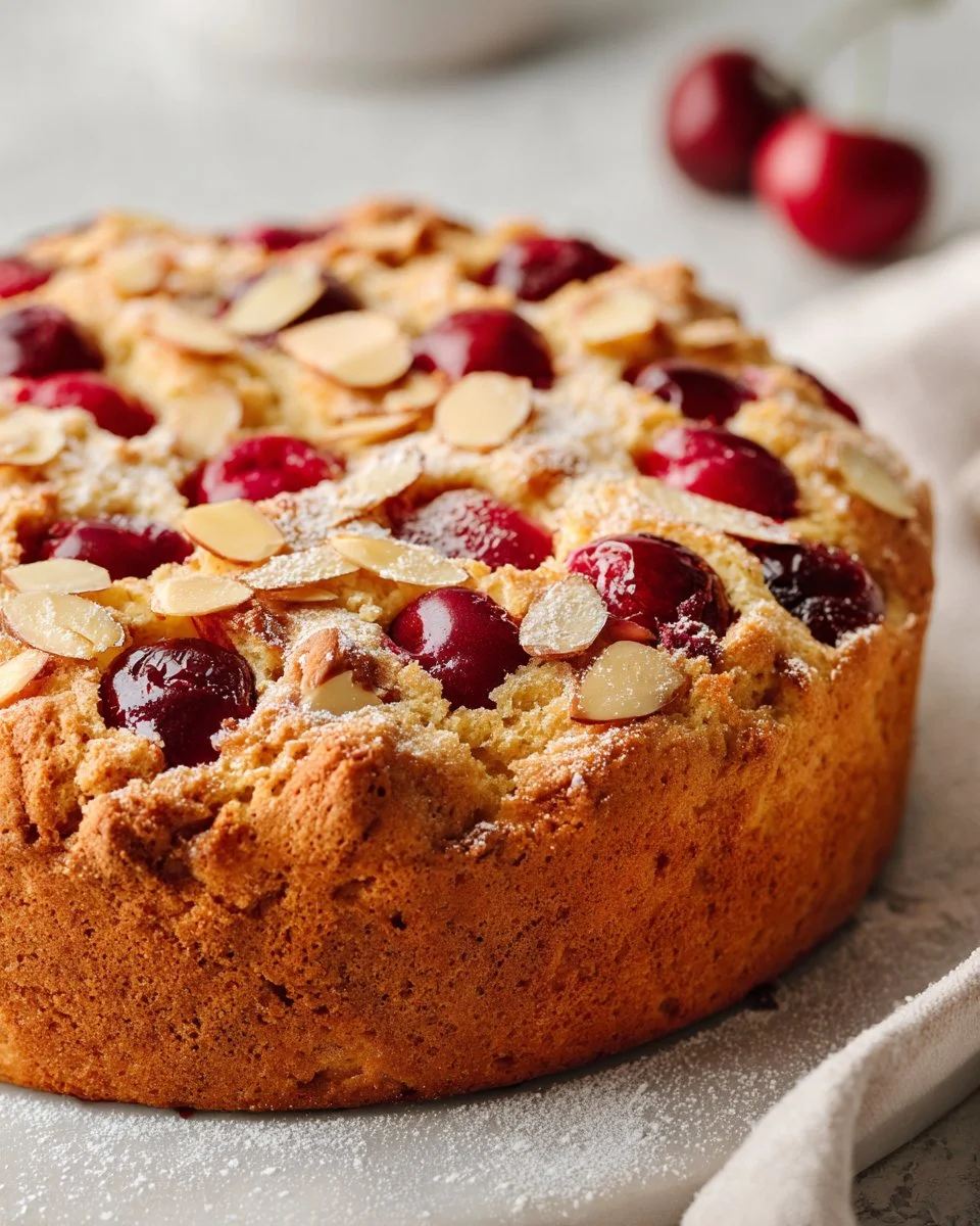 Sliced Almond Cherry Cake topped with cherries and almond slices.