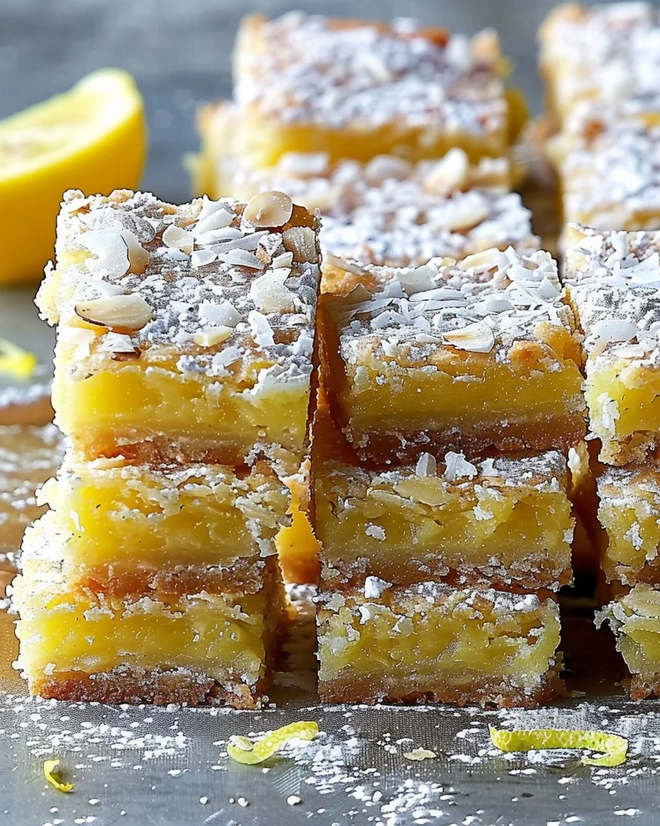 Almond-Coconut Lemon Bars topped with a sprinkle of coconut and almonds