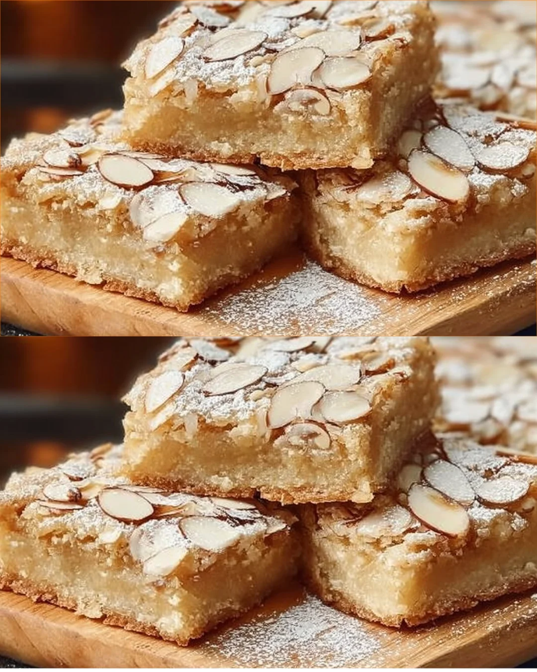 Delicious Almond Croissant Cookie Bars displayed on a rustic wooden table.