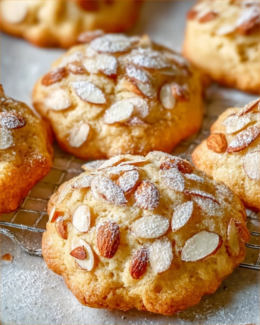 Almond Croissant Cookies on a plate with almond slices and powdered sugar